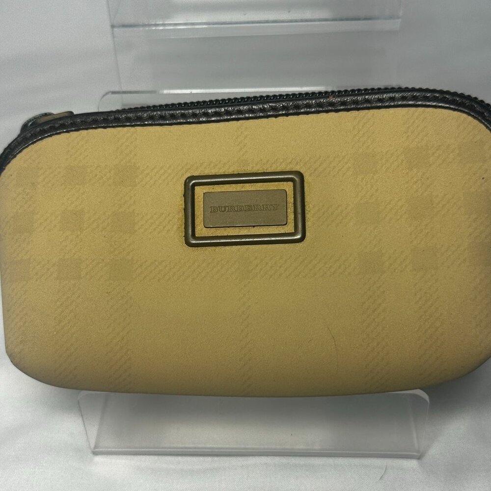 Burberry Zip Pouch Key Holder Case Tan Canvas Leather Trim Carabiner